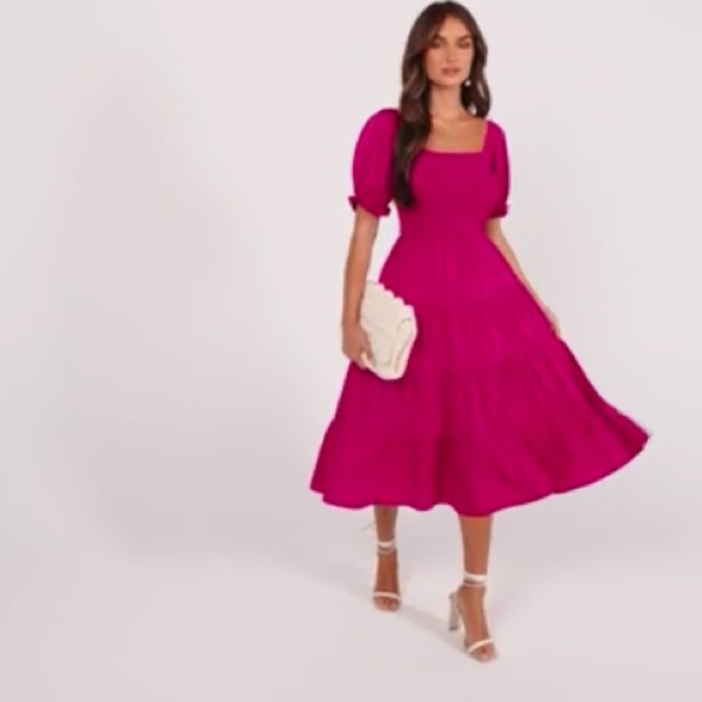 NWOT Women’s Summer Casual Midi Dress Square Neck Puff Sleeve Pink